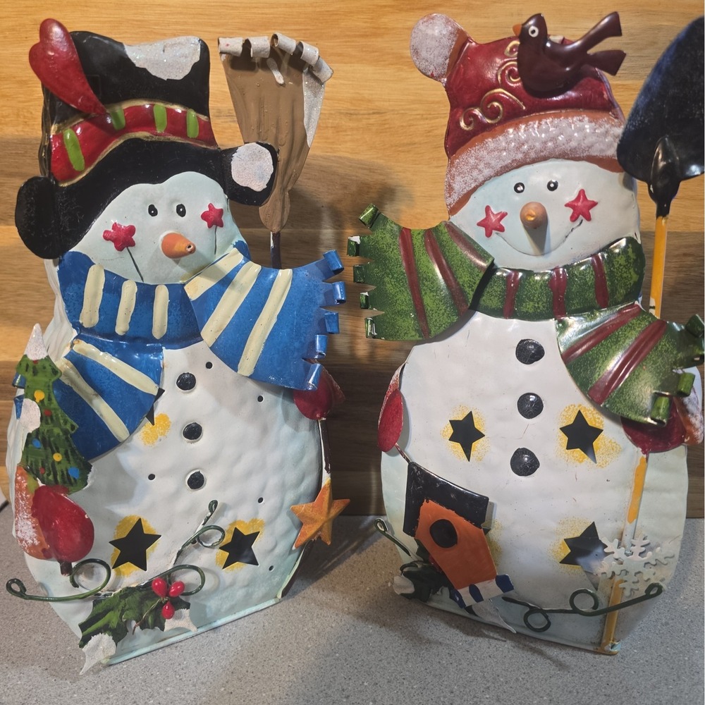 Home Interiors Metal Snowman Set Of 2 Votive Lantern Christmas Candle Holder 10"